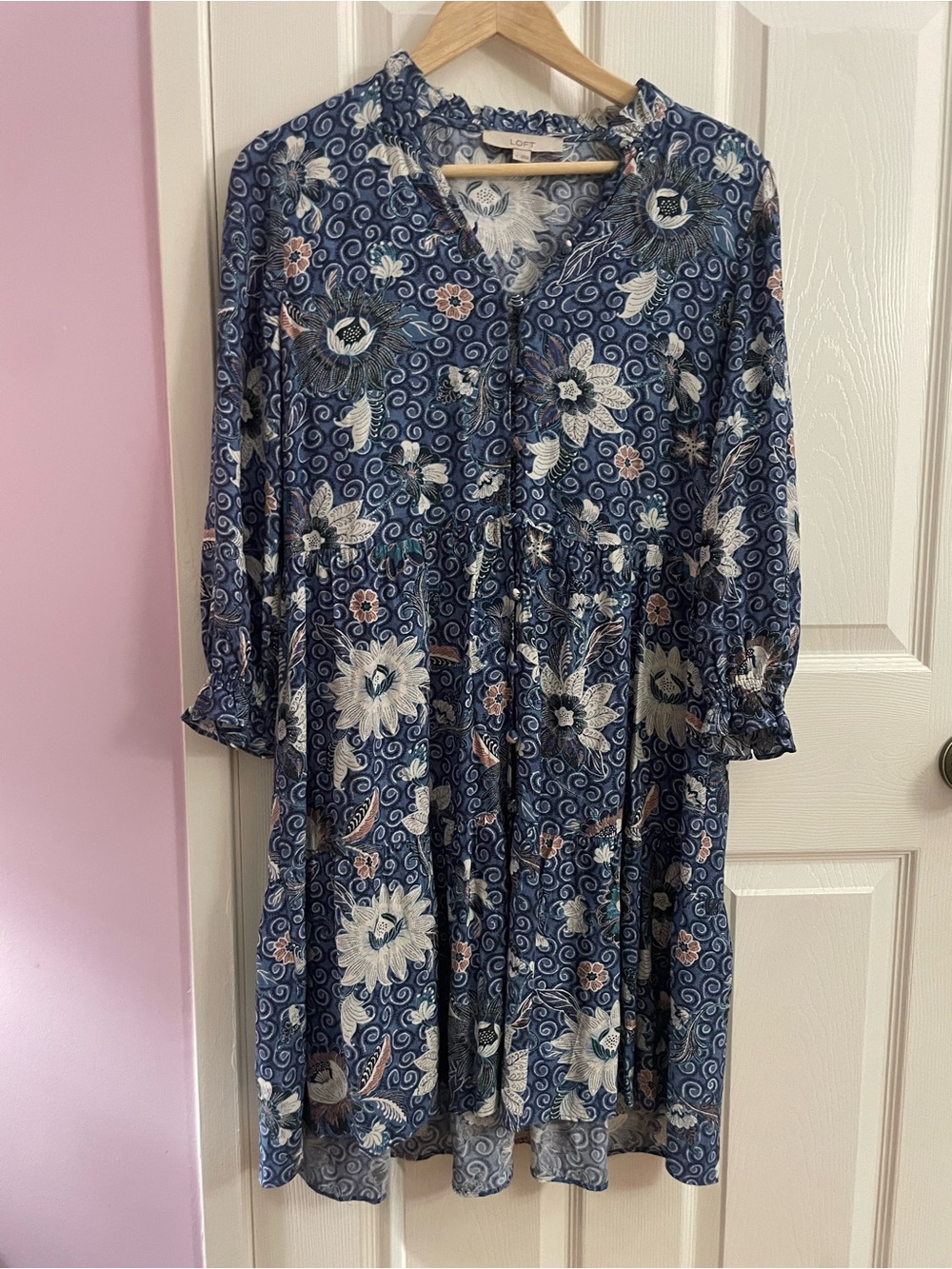 LOFT Navy Blue Floral Tiered Long Sleeve Dress